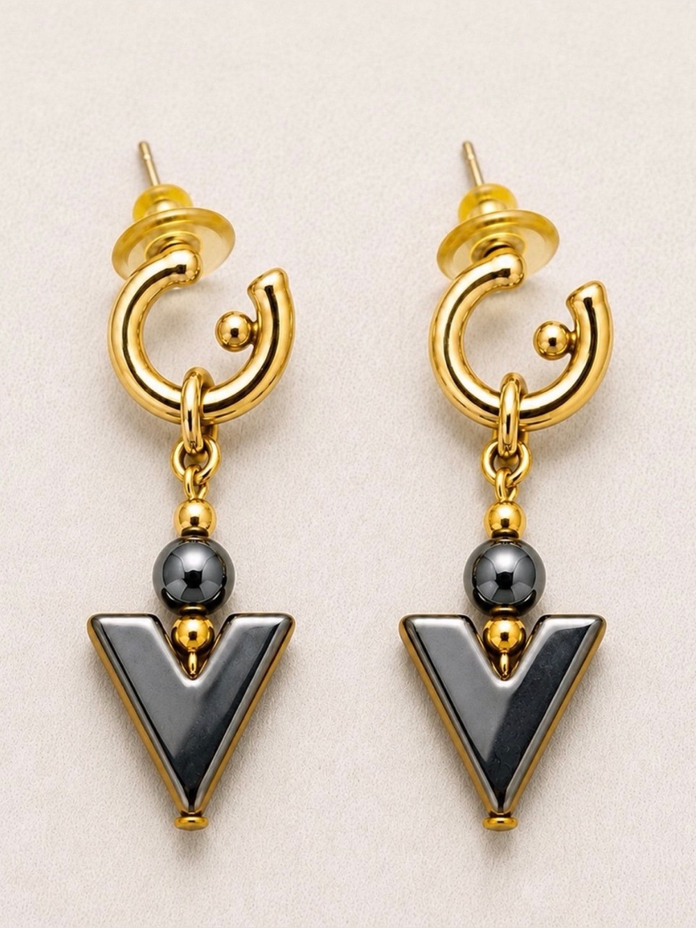 Vintage Hematite Geometric Unisex Dangle Earrings Gunmetal Gray Gold Tone 2”